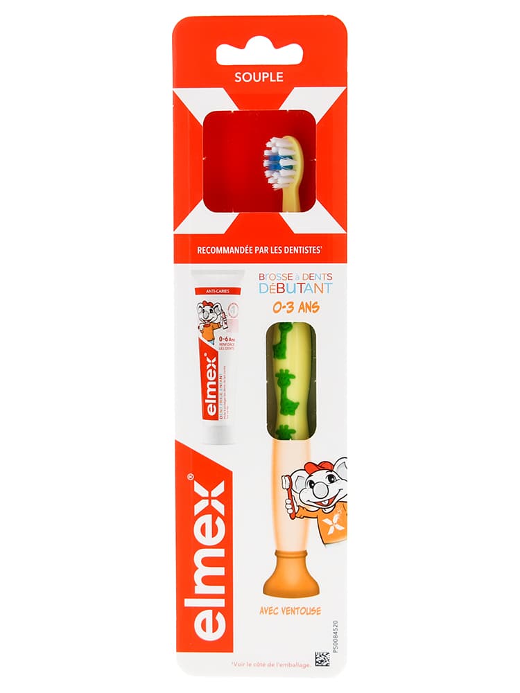 Elmex Débutant Brosse à Dents 0-3 Ans + Échantillon Tube 12 ml Dentifrice - Couleur : Jaune - Vert
