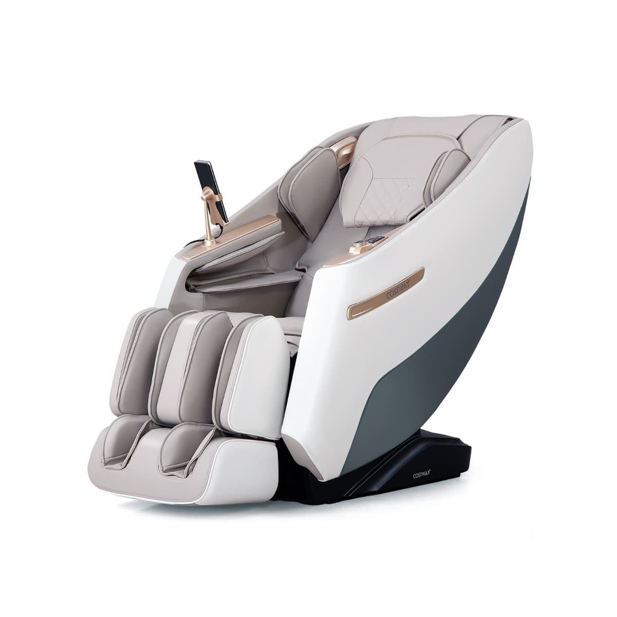 CostwayFauteuil de Massage Électrique Inclinable Rail SL avec 12 Modes Automatiques 5 Techniques de Massage Chauffage et Rouleaux de Pied Blanc