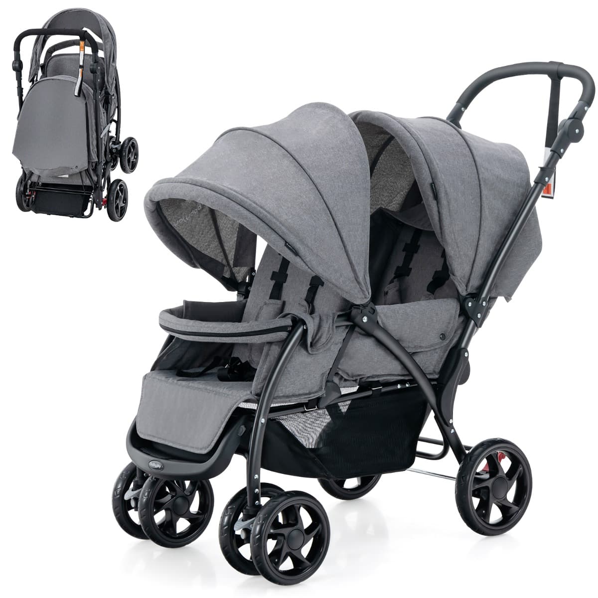 CostwayPoussette Double Pliante pour Bébé avec Siège et Auvent Tandem Ceinture de Sécurité à 5 Points Dossier Réglable Poignée de Poussée Gris